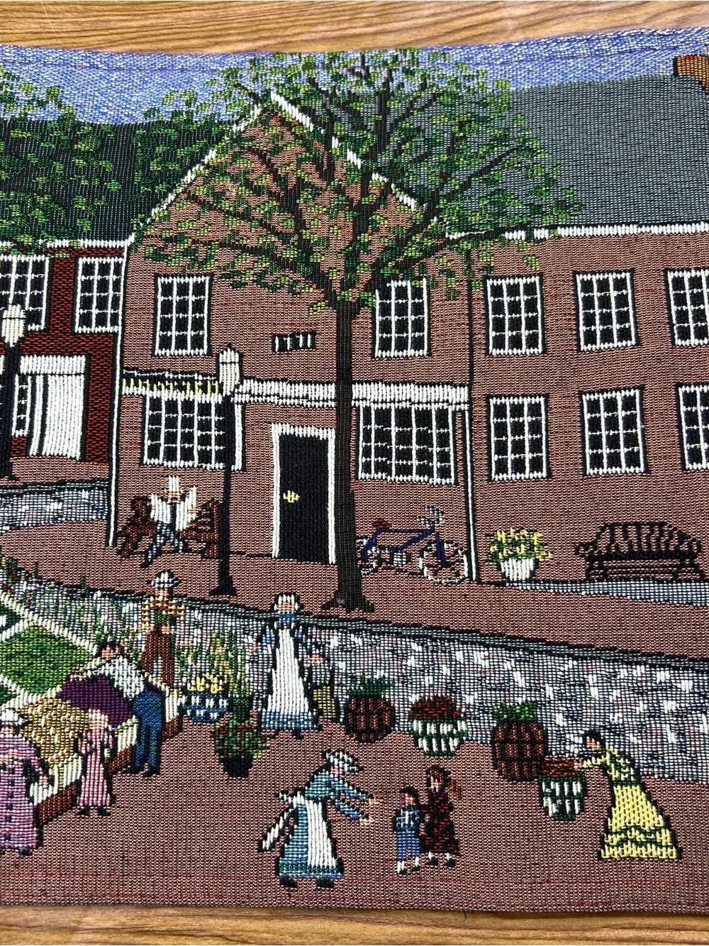 Colonial America Town Scene Tapestry Table Runner Town Common Folk Art 72” x 13”